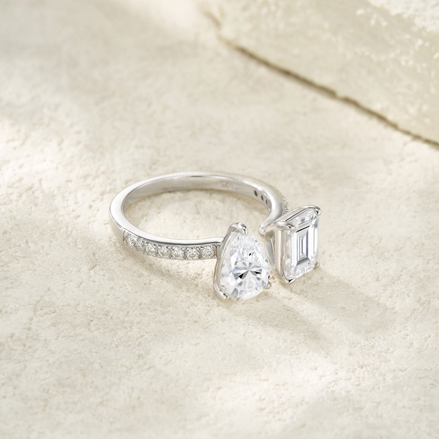 Duo Open Ring – Pear & Emerald Cut Moissanite Ring