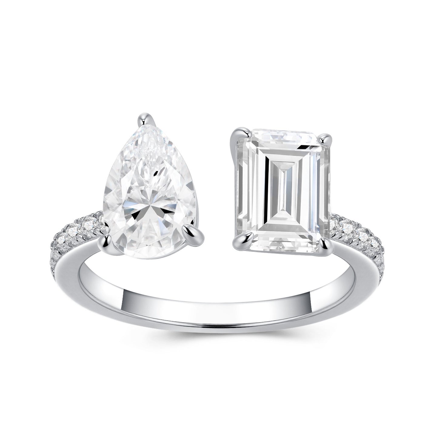 Duo Open Ring – Pear & Emerald Cut Moissanite Ring