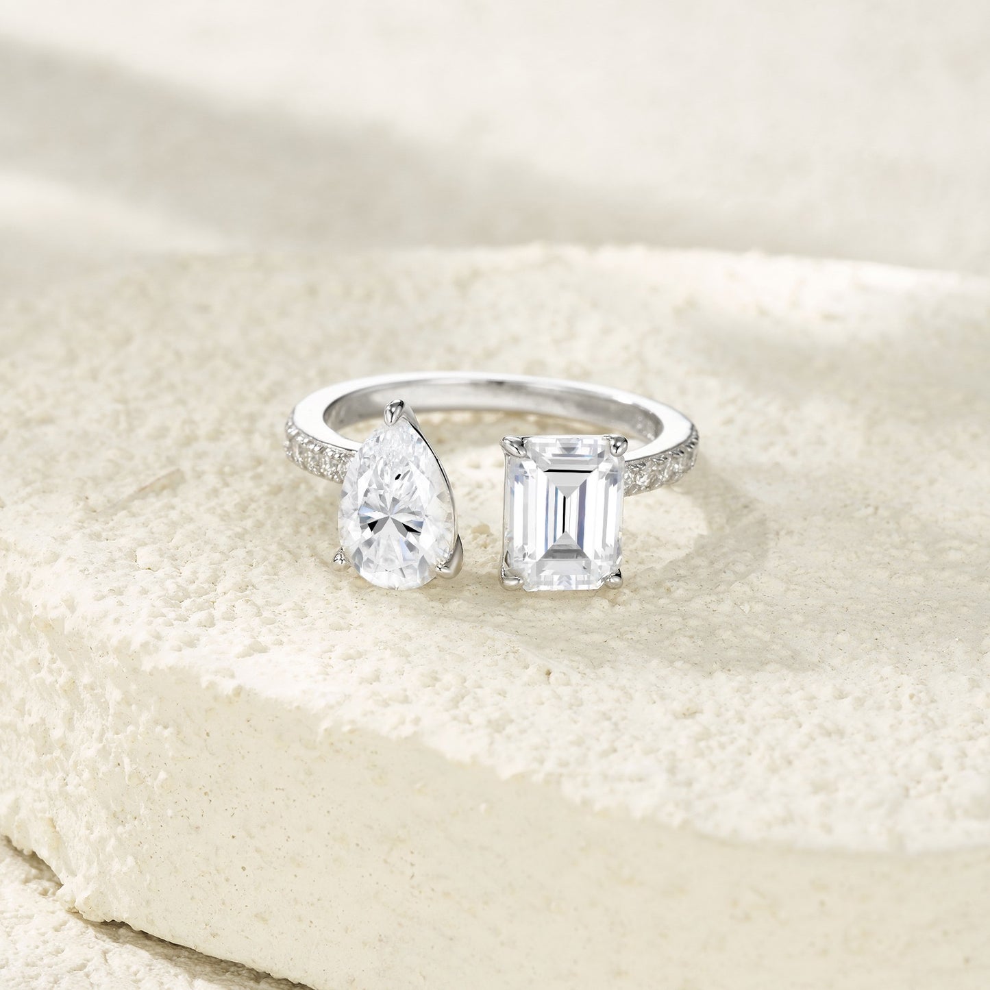 Duo Open Ring – Pear & Emerald Cut Moissanite Ring