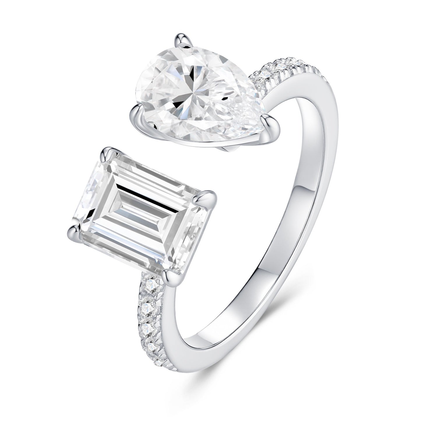 Duo Open Ring – Pear & Emerald Cut Moissanite Ring