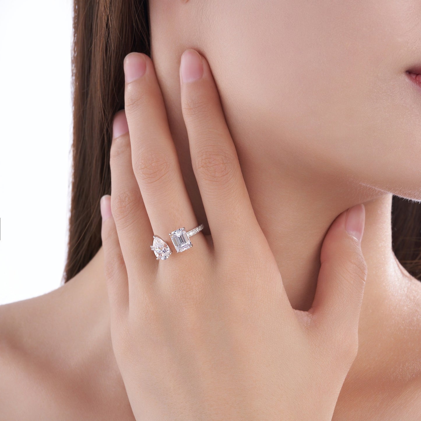 Duo Open Ring – Pear & Emerald Cut Moissanite Ring